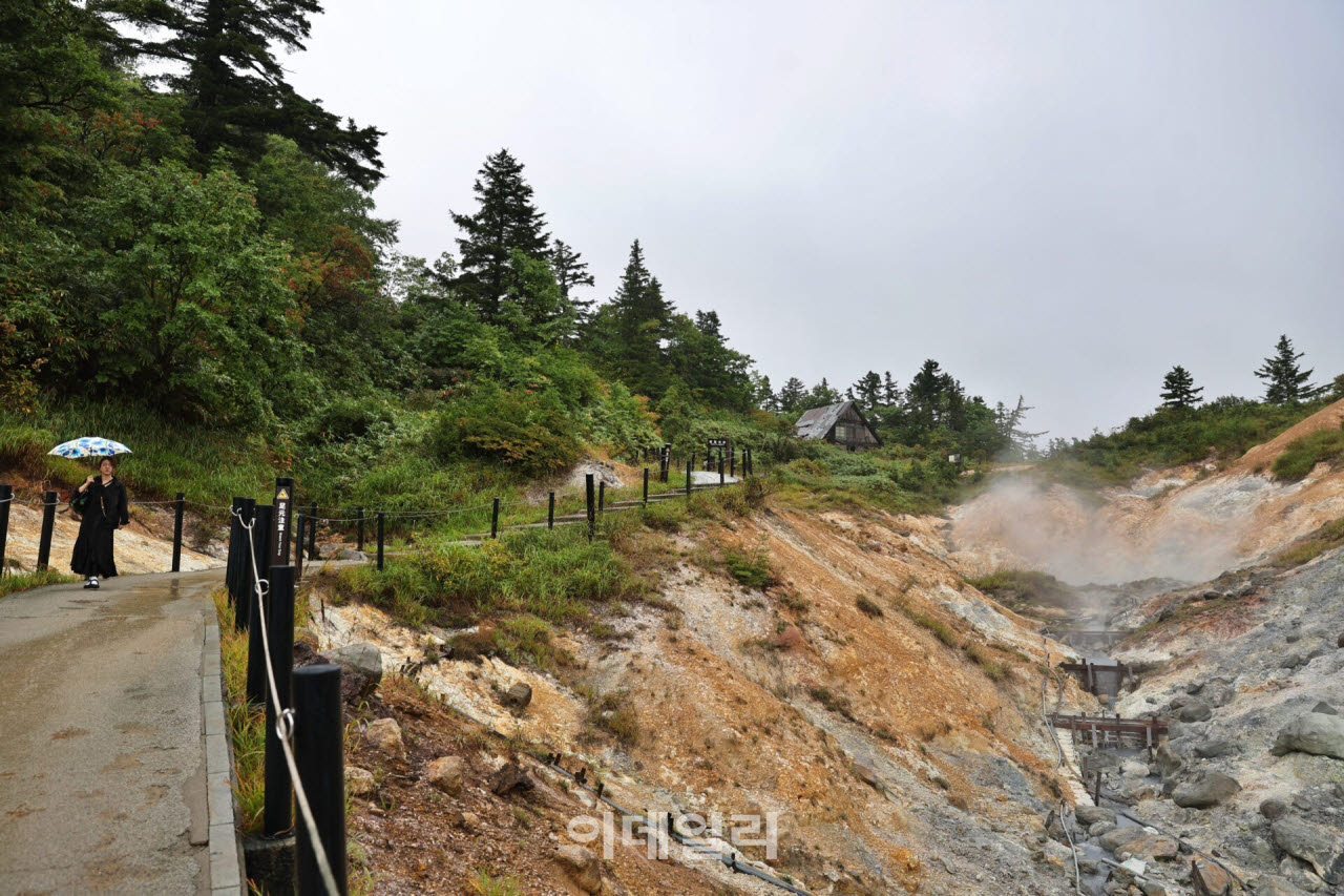 비 내리는 아키타 하치만타이 고쇼가케 자연연구로. 산책로 옆으로 온천 증기가 피어오르며 화산지대 특유의 풍경을 만든다.(사진=이데일리 강경록 여행전문기자)