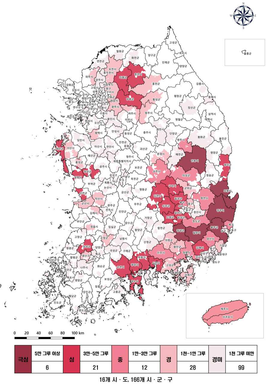 올해 5월 기준 전국 소나무재선충병 피해 현황도. (사진=산림청)