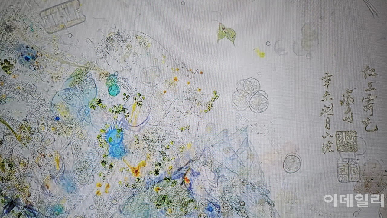 이이남의 ‘미시산수-인왕제색도’(2026, 84×146.5㎝) 중 부분을 확대했다. 둥글거나 길쭉한, 또 투명하고 매끄럽게 생긴 미생물이 분주히 움직이고 있다. 가까이서는 도저히 상상할 수 없는 겸재 정선의 ‘인왕제색도’(1751·국보)다(사진=오현주 문화전문기자).