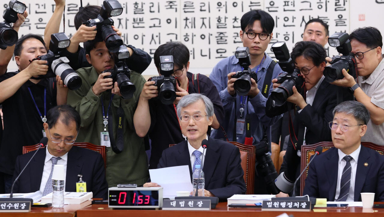 [이데일리 노진환 기자] 조희대 대법원장이 6일 국회 법제사법위원회에서 열린 대법원 등에 대한 국정감사에 출석, 준비한 A4 용지를 꺼내 답변하고 있다.
