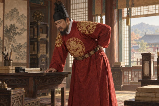 허리 통증으로 몸을 굽힌 채 책상을 짚고 있는 세종대왕의 모습을 표현한 상상도 (AI 생성 이미지).