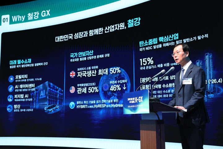 이주태 포스코홀딩스 사장이 7일 서울 한 회의장에서 이재명 대통령 주재로 열린 한국형 녹색대전환(K-GX) 전략 국민보고회에서 발표를 하고 있다.(사진=연합뉴스)