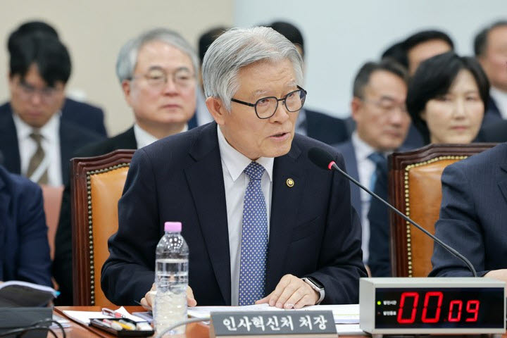 최동석 인사혁신처장이 7일 국회 행정안전위원회에서 열린 국정감사에서 행안위원 질의에 답하고 있다. (사진=연합뉴스)