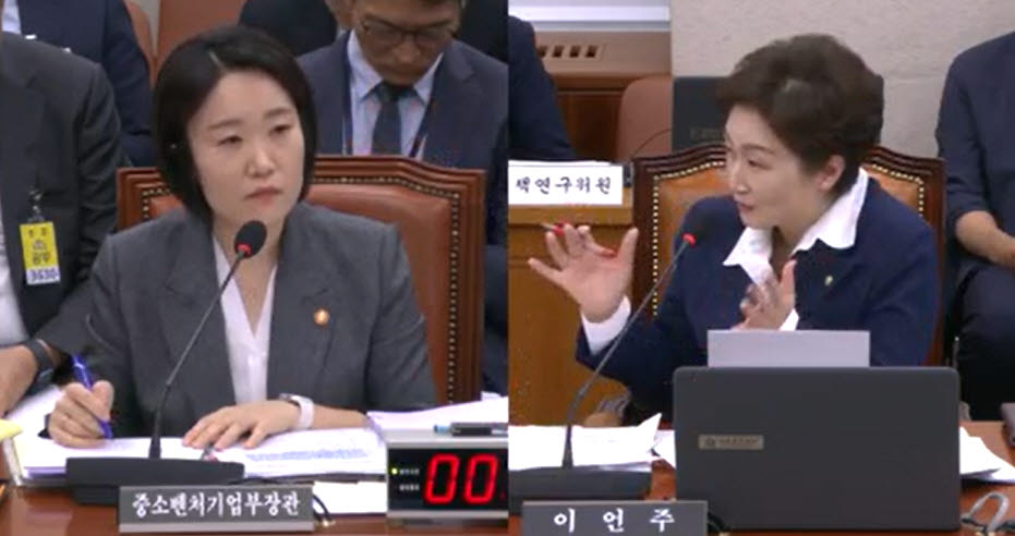 이언주 더불어민주당 의원이 7일 국감에서 금융위가 루센트블록의 조각투자 장외거래소 예비인가 탈락에 대해 문제있다고 지적하자, 이소영 중소벤처기업부 장관이 공감한다며 이 의원의 질의를 듣고 있다. (사진=국회 인터넷의사중계시스템)