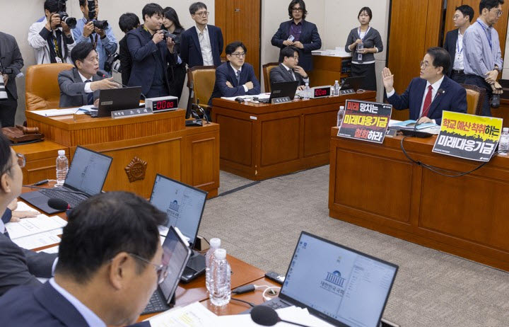 국민의힘 재정경제기획위원들이 8일 국회에서 열린 기획예산처 국정감사 시작 직전 정부가 추진중인 '미래대응기금' 반대가 담긴 인쇄물을 노트북에 붙인 뒤 이에 반발하는 여당 의원들과 갈등을 빚고 있다.(사진=연합뉴스)