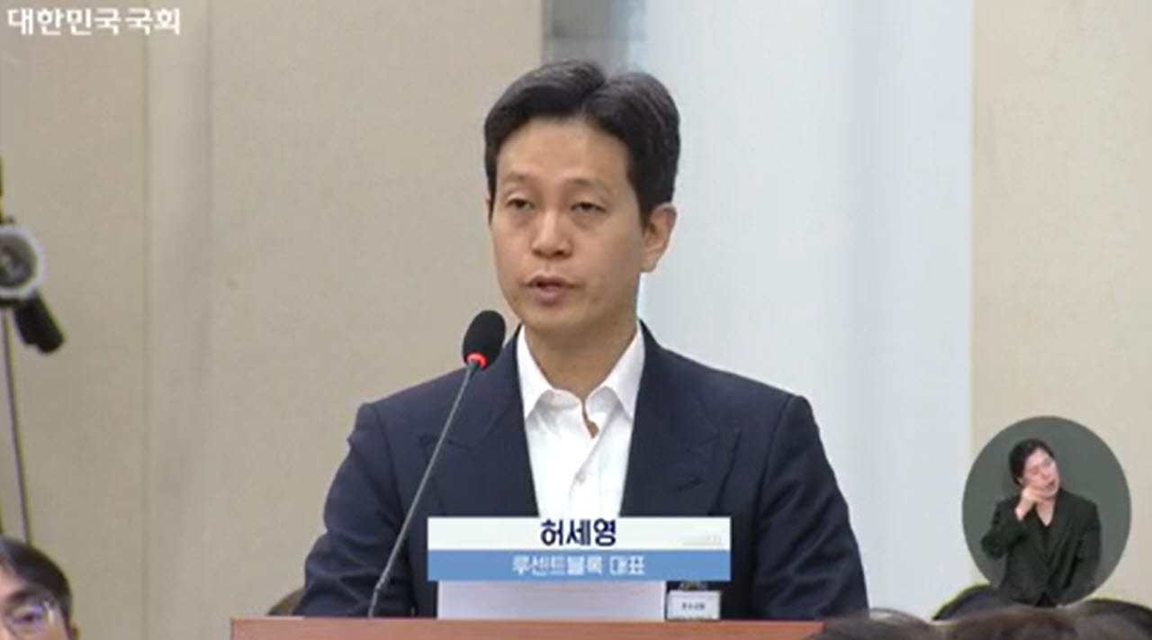 허세영 루센트블록 대표가 8일 오후 서울 여의도 국회에서 열린 국회 정무위원회의 금융위원회 국정감사에 참고인으로 출석해 발언을 하고 있다. (사진=국회 의사중계시스템)