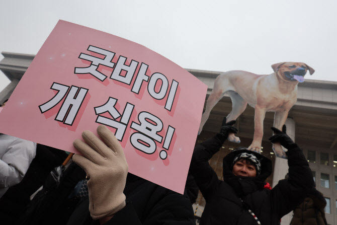 개 식용 종식을 위한 국민행동 활동가들이 지난 2024년 서울 여의도 국회 본관 계단 앞에서 개식용 종식 특별법 제정 환영 기자회견을 하고 있다. (사진=뉴스1)
