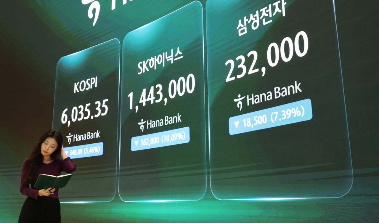 13일 오후 서울 중구 하나은행 딜링룸에서 딜러들이 업무를 하고 있다. 코스피는 전일보다 348.89포인트(5.46%) 내린 6035.35에 장을 마감했고 SK하이닉스는 10.09% 내린 144만3000원, 삼성전자는 7.39% 내린 23만2000원에 마감했다. (사진=뉴시스)