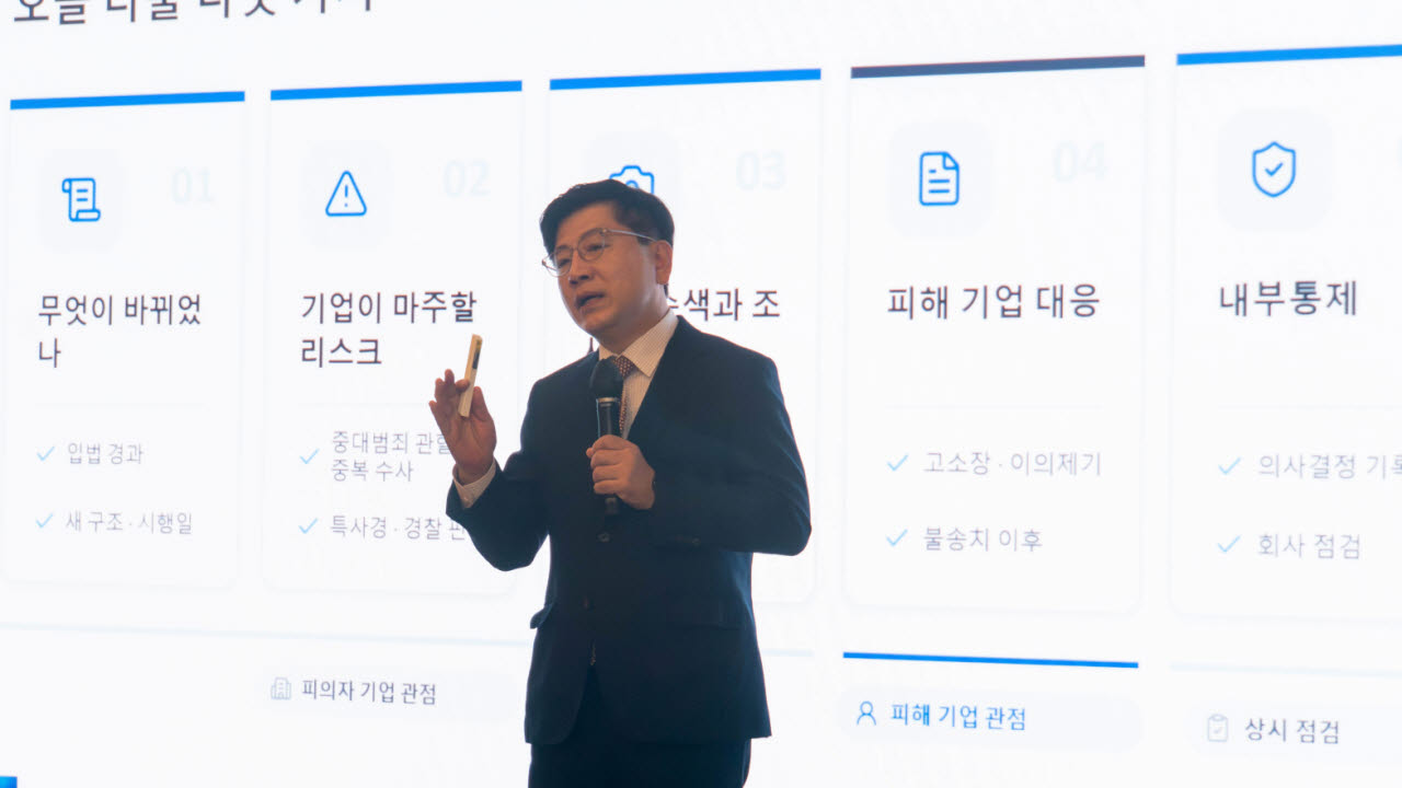 김기동 법무법인 로백스 대표변호사가 13일 서울 중구 웨스틴조선호텔에서 열린 '이데일리 서소문라운지'에서 달라진 형사사법체계에서 기업의 대응방안에 대해 강연하고 있다. (사진= 이준우 PD)