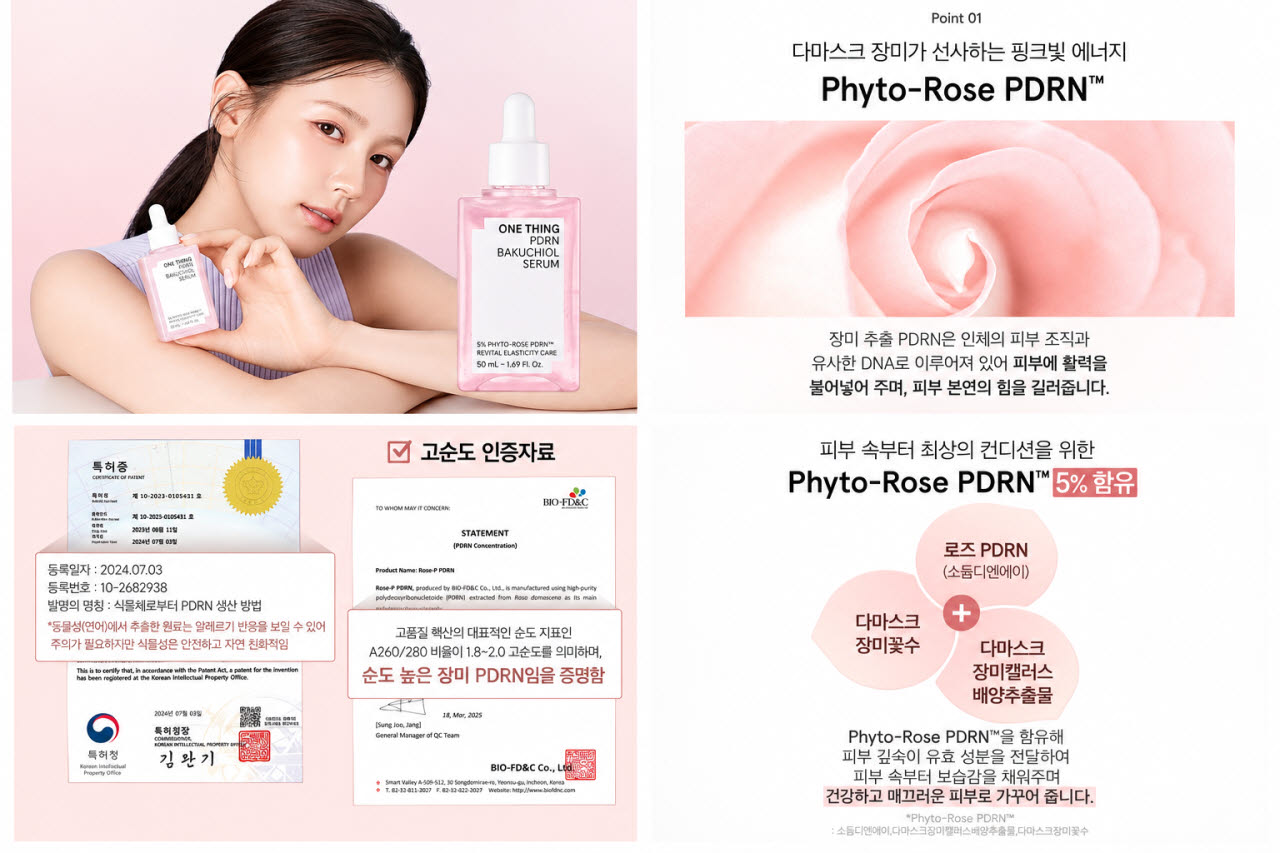 바이오에프디엔씨의 장미 유래 PDRN 원료가 첨가된 씨엔에프 원씽 ‘PDRN 바쿠치올 세럼’과 원료·성분 소개 자료. (자료=원씽 제품 판매 페이지)