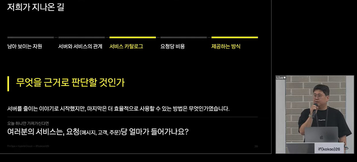 백정태 카카오 발표자가 14일 개발자 행사 ‘if(kakao)2026’에서 클라우드 비용 관리 체계인 핀옵스(FinOps) 추진 방향을 설명하고 있다.