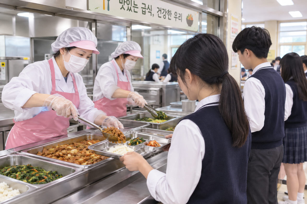 학교급식 시간에 학생들에게 배식하는 모습(사진=챗지피티 생성 이미지)