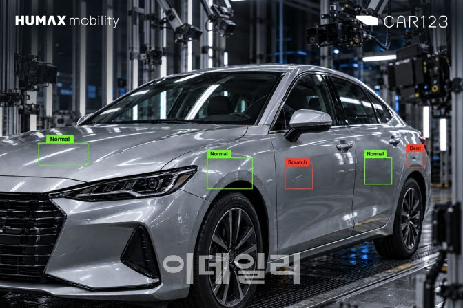 휴맥스모빌리티 관계사 카일이삼제스퍼, AI 모델이 촬영된 사진에서 차량 외관 손상(긁힘·찌그러짐) 부위를 탐지한다.(사진=휴맥스모빌리티)