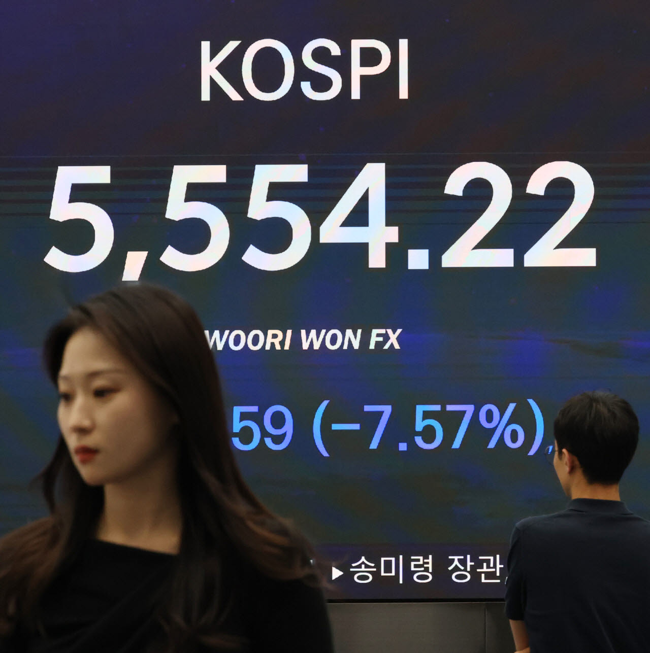 15일 서울 중구 우리은행 본점 딜링룸 전광판에 코스피가 표시돼 있다. 이날 코스피는 전일 종가와 비교해 454.59포인트(p)(7.57%) 하락한 5554.22로 거래를 마쳤다.(사진=연합뉴스)