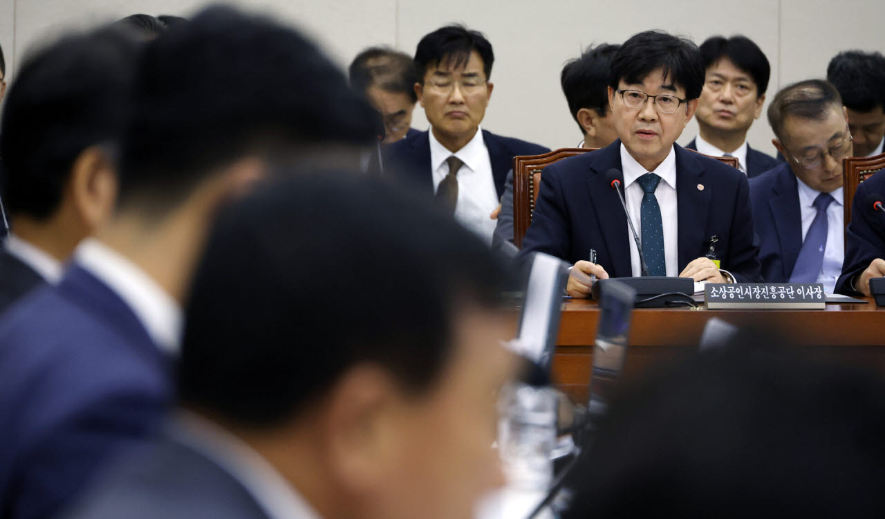 인태연 소상공인시장진흥공단 이사장이 15일 국회 산업통상자원중소벤처기업위원회에서 열린 중소벤처기업진흥공단 등에 대한 국정감사에서 의원 질의에 답하고 있다. (사진=연합뉴스)