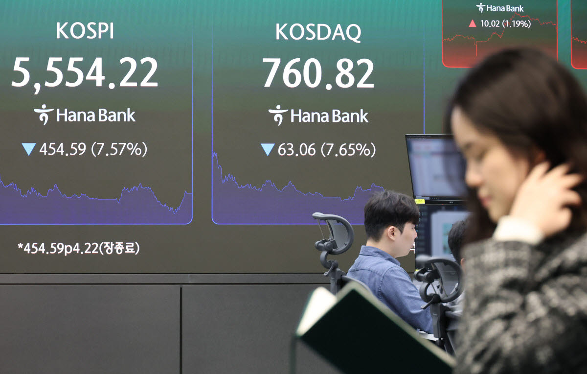 인공지능(AI) 산업 수익성 논란 재점화 등으로 코스피와 코스닥이 폭락한 15일 서울 중구 하나은행 딜링룸에 코스피·코스닥 종가가 표시돼있다.(사진=연합뉴스)
