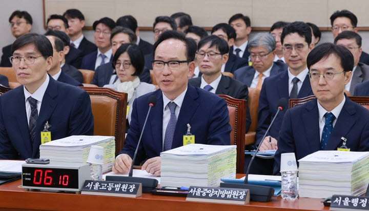 김대웅 서울고등법원장이 16일 국회 법제사법위원회에서 열린 서울고등법원, 서울중앙지방법원 등에 대한 국정감사에서 법사위원 질의에 답하고 있다. (사진=연합뉴스)