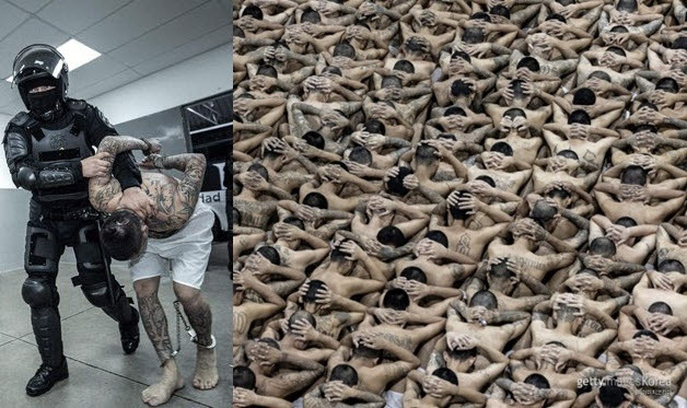 지난 2024년 6월 11일 나입 부켈레 엘살바도르 대통령이 엘살바도르 내 여러 교도소에 수감되어 있던 2000명 이상의 갱단 조직원들을 새로 지어진 초대형 교도소(CECOT)로 이송하고 공개한 사진.(사진=AFP 연합뉴스)