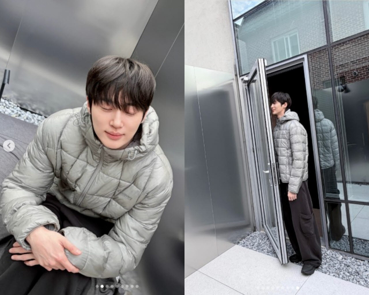 변우석이 디스커버리 경량패딩 제품을 착용한 모습(왼쪽부터)과 디스커버리 남성 올버트 후드 경량 패딩 자켓 제품. (사진=변우석 인스타그램·디스커버리 홈페이지 캡처)