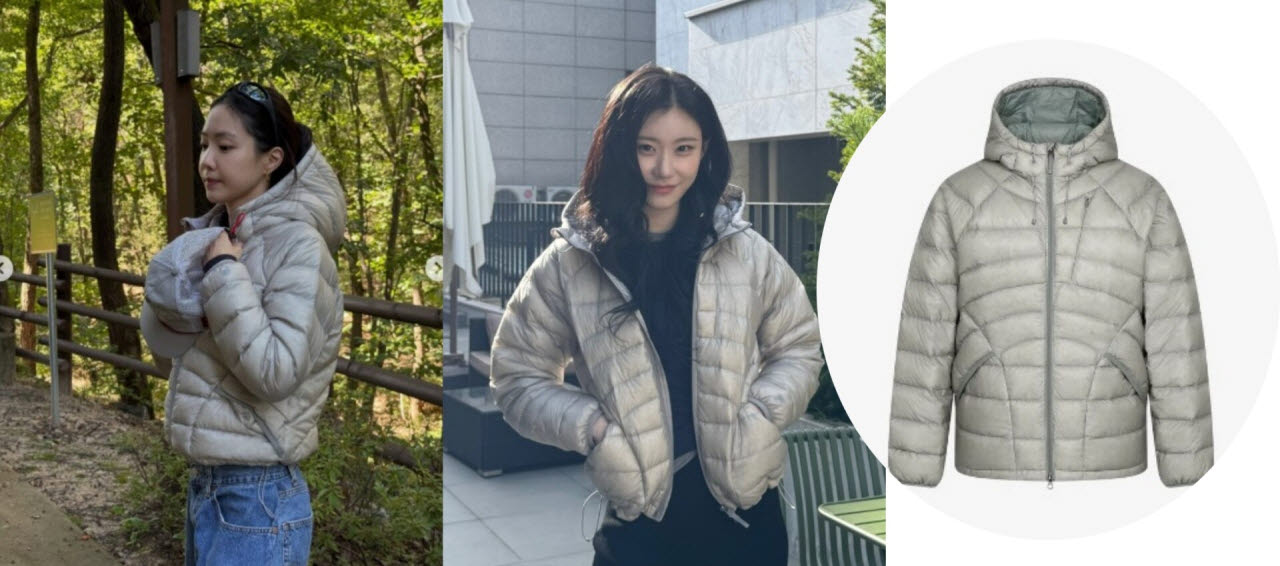 손나은(왼쪽)과 채령이 휠라의 '에어플로우 후드 경량 다운'을 착용한 모습과 해당 제품 이미지. (사진=손나은·채령 인스타그램·휠라 홈페이지 캡처)