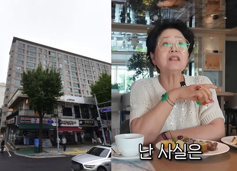 서울 용산구 이촌동 ‘로얄맨숀’과 배우 선우용녀. (사진=네이버로드뷰, 유튜브 '순풍 선우용녀' 캡처)