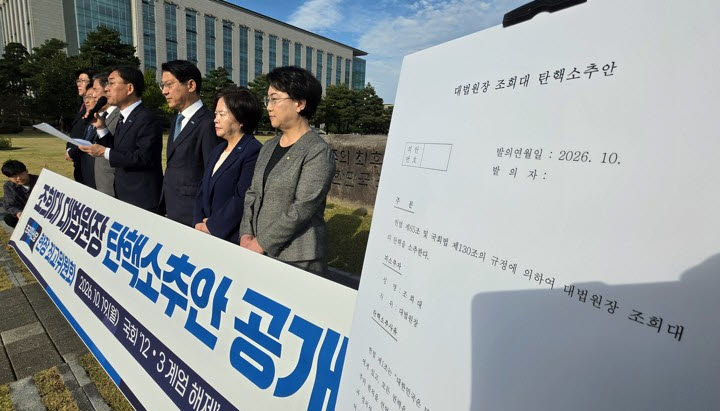 신장식 조국혁신당 대표가 19일 국회 '12·3 계엄 해제' 상징석 앞에서 열린 현장 최고위원회의에서 조희대 대법원장 탄핵소추안을 공개하고 있다.(사진=연합뉴스)