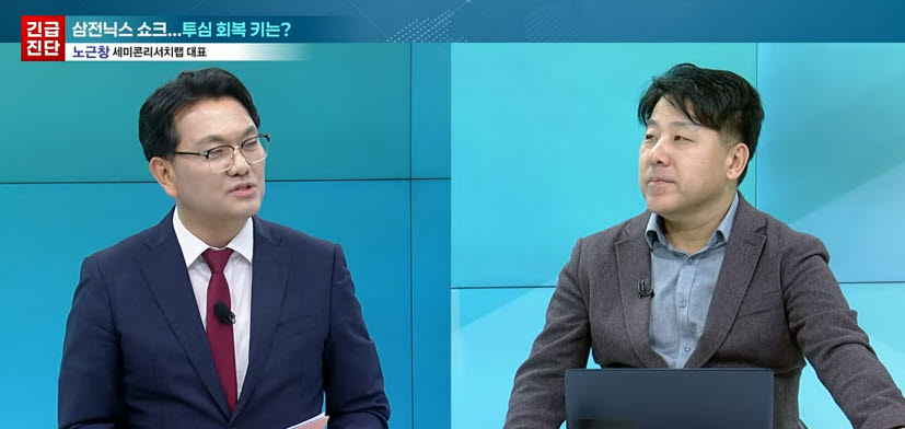 [사진=어쨌든 경제 방송 캡쳐] 노근창 세미콘리서치랩 대표(사진 우측)가 지난 10월 16일(금) '어쨌든 경제' 방송에 출연해 유은길 앵커(사진 좌측)의 질문을 듣고 있다.