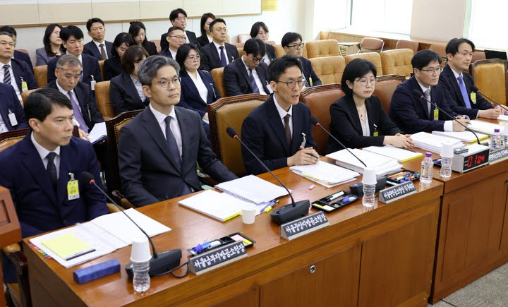 정용환 서울광역공소청장 직무대리(앞줄 왼쪽에서 세 번째)가 19일 국회 법제사법위원회에서 열린 서울광역공소청(옛 서울고검) 등에 대한 국정감사에서 의원 질의에 답하고 있다. (사진=연합뉴스)