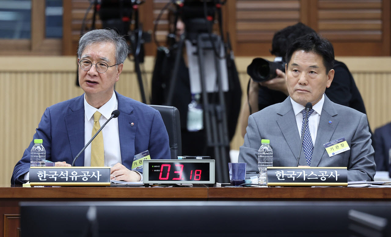 손주석 한국석유공사 사장(왼쪽)과 홍의락 한국가스공사 사장이 19일 대구 동구 한국가스공사에서 열린 국회 산업통상자원중소벤처기업위원회의 한국가스공사, 한국석유공사, 강원랜드, 대한석탄공사, 한국가스기술공사, 한국가스안전공사, 한국석유관리원, 한국광해광업공단에 대한 국정감사에서 질의를 받고 있다. (사진=연합뉴스)