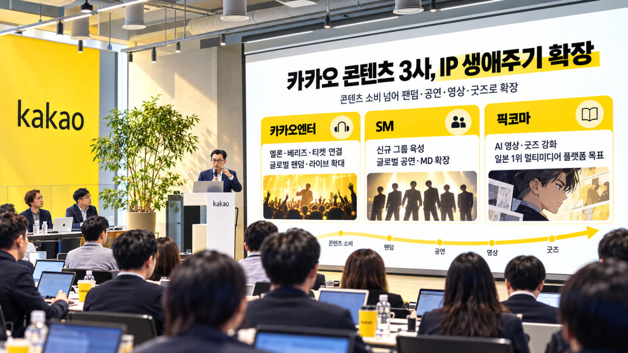 카카오 콘텐츠 3사 관련 기사 이해를 돕기 위한 이미지(사진=챗GPT 이미지 생성)