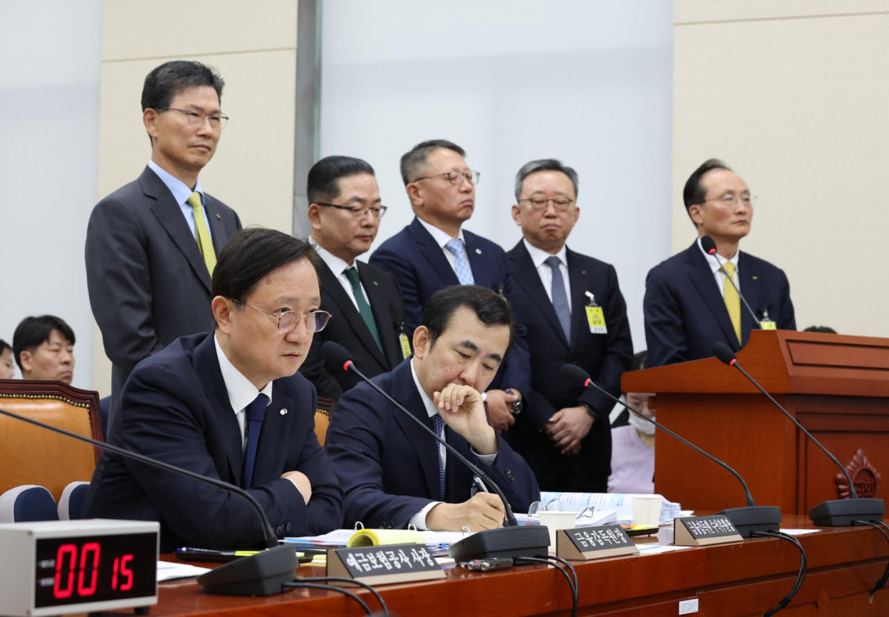 이찬진 금융감독원장이 19일 국회 정무위원회에서 열린 금융감독원 등에 대한 국정감사에서 정무위원 질의에 답하고 있다. 뒷줄에는 이환주 KB국민은행장(오른쪽부터), 정상혁 신한은행장, 정진완 우리은행장, 이호성 하나은행장, 강태영 NH농협은행장이 답변을 위해 서 있다.