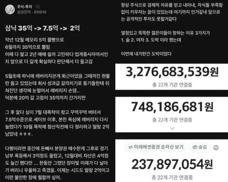 반도체 관련 주식 투자로 한때 평가액을 35억원까지 불렸다가 큰 손실을 봤다는 직장인이 공개한 증권계좌 화면. (사진=온라인 커뮤니티 캡처)
