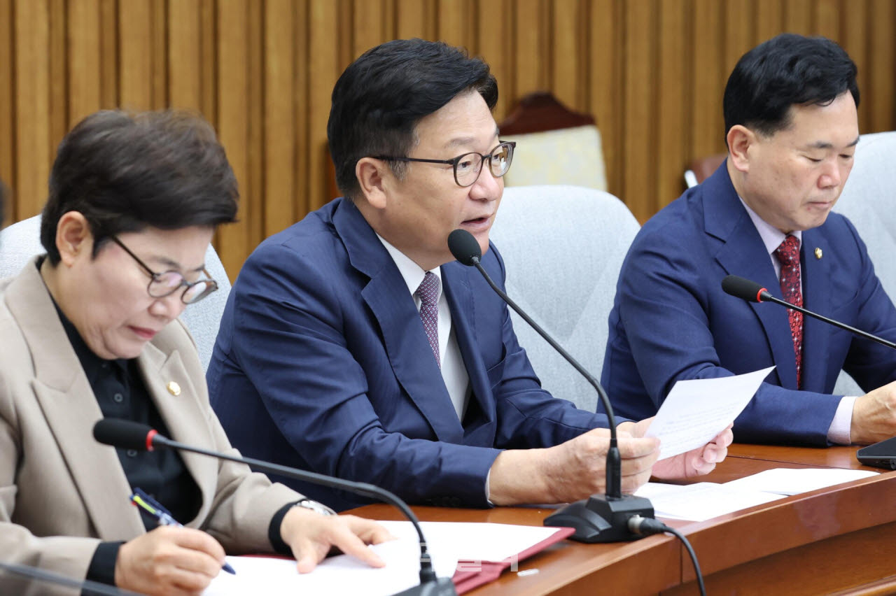 정점식 국민의힘 원내대표가 20일 서울 여의도 국회에서 열린 국정감사대책회의에서 모두발언을 하고 있다. (사진=노진환 기자)