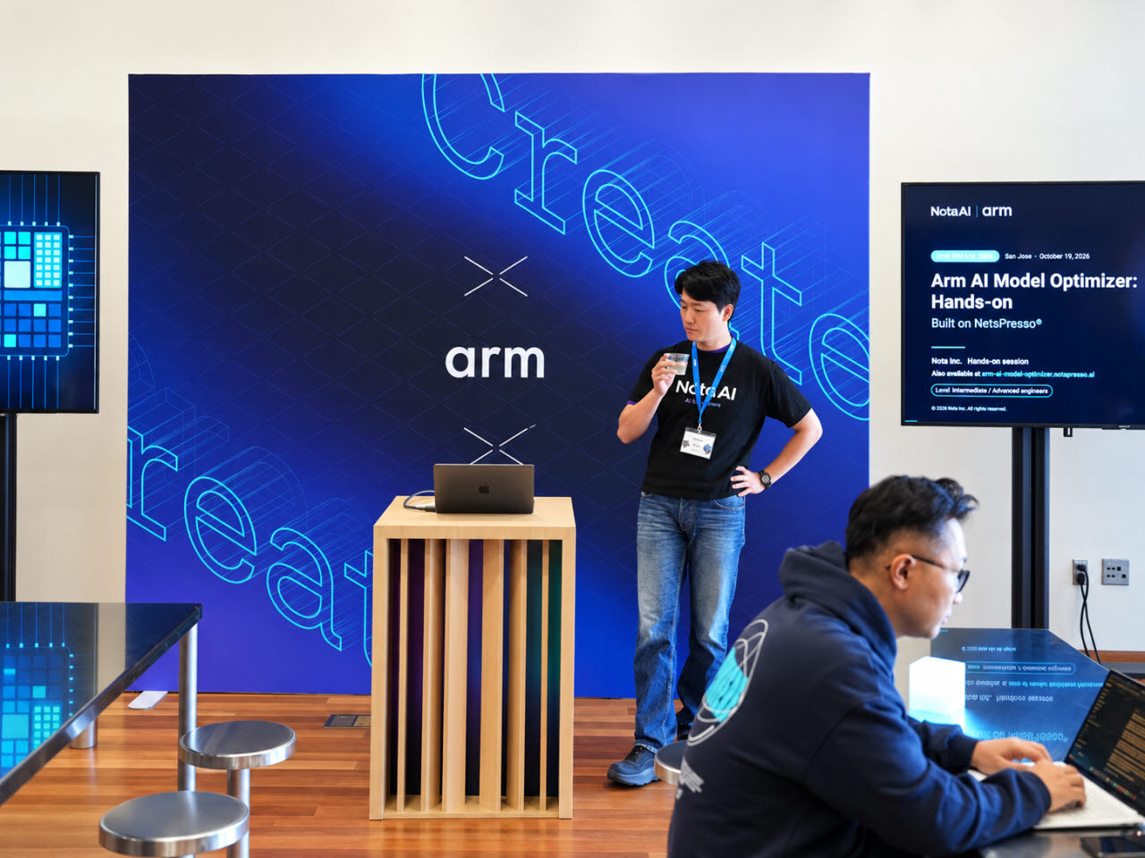 노타가 글로벌 반도체 설계자산(IP) 기업 Arm의 개발자 행사 ‘Arm 크리에이트 2026’에서 자사의 AI 최적화 플랫폼 ‘넷츠프레소’ 기반으로 구축된 ‘Arm AI 모델 옵티마이저’의 실습 워크숍을 지원하고 있다.(사진=노타)