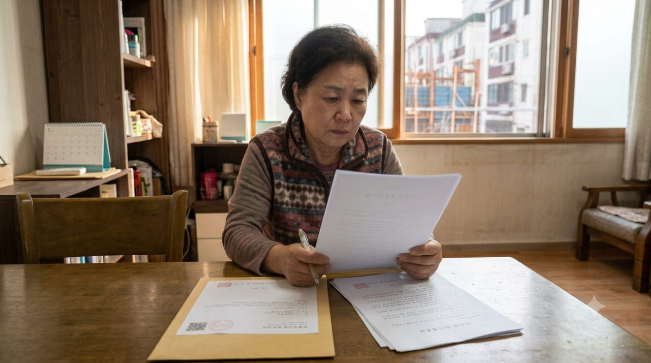 60대 A씨가 정비업체로부터 조합 채무를 갚으라는 소장을 받고 식탁에 앉아 서류를 살펴보고 있다.(사진=제미나이 생성 이미지)