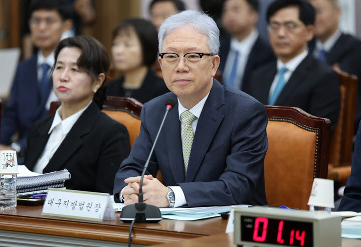 강동명 대구지법원장이 20일 대구고법에서 열린 국회 법제사법위원회의 대구고등·지방·가정·회생법원, 부산고등·지방·가정·회생법원, 울산지방·가정법원, 창원지법에 대한 국정감사에서 질의 받고 있다. (사진=연합뉴스)