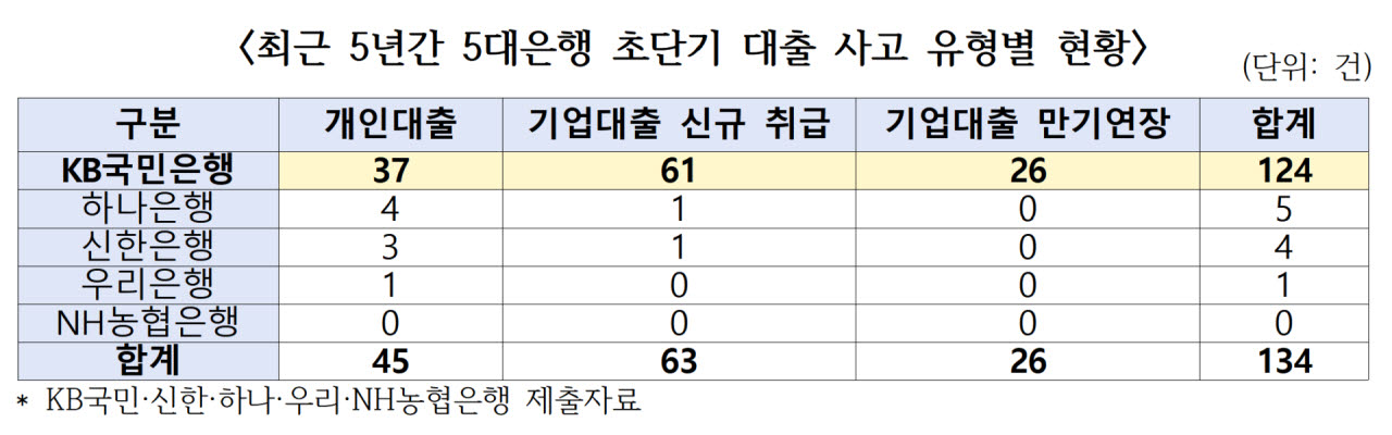 대출 후 6개월 내 금융사고 134건…93%가 국민은행에 집중