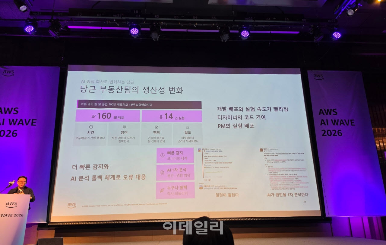 박민우 당근 소프트웨어 엔지니어는 23일 서울 강남구 파르나스호텔에서 열린 ‘AWS AI 웨이브’ 행사에서 발표하고 있다(사진=윤정훈 기자)