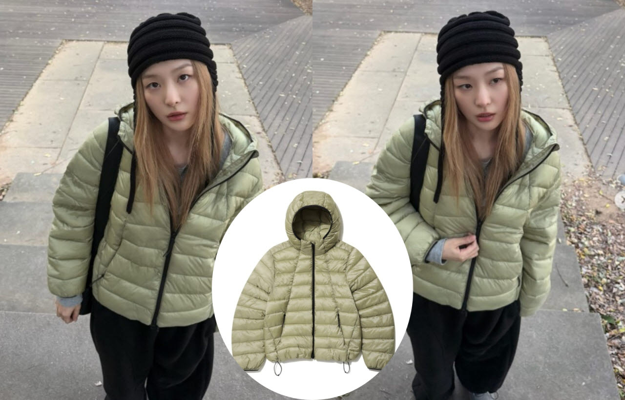 ㅇ레드벨벳 슬기가 올리브 경량패딩을 입고 있는 모습과 탑텐 에어테크 제품 이미지. (사진=슬기 인스타그램·탑텐 홈페이지 캡처)