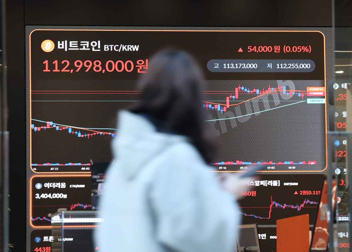 서울 서초구 가상자산 거래소 빗썸 라운지 전광판에 비트코인 등의 시세가 표시돼있다. (사진=연합뉴스)