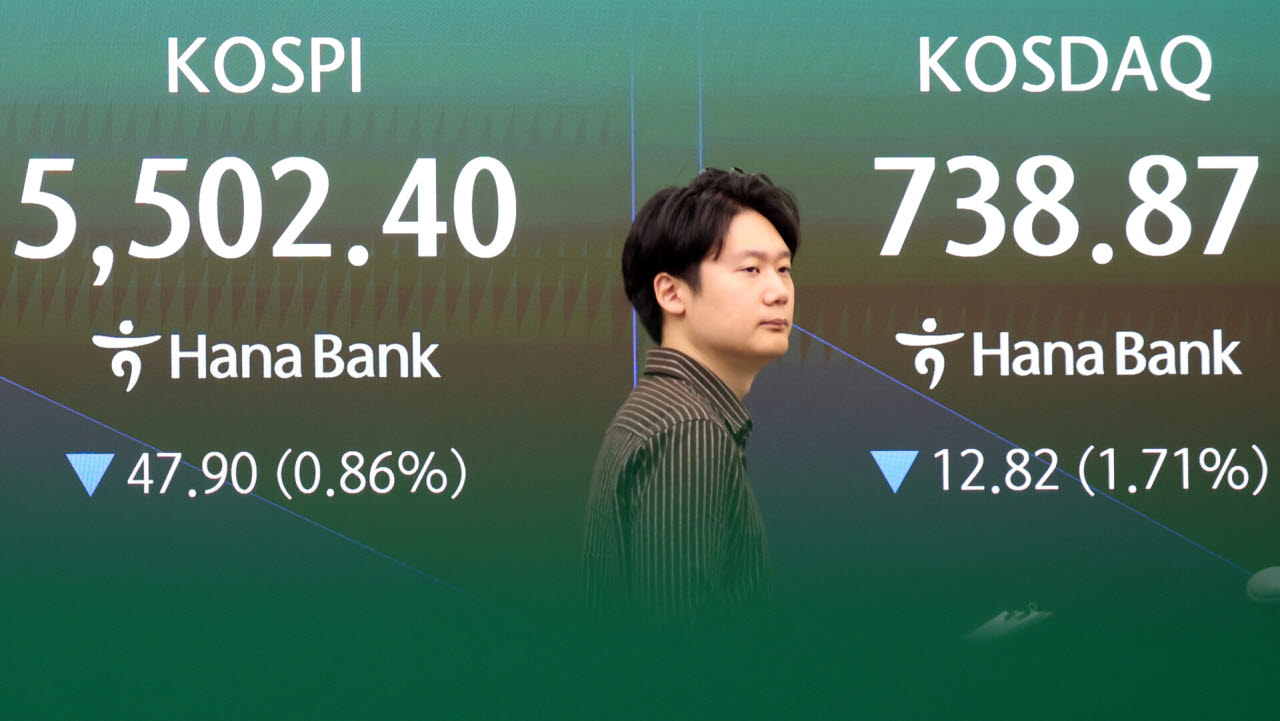 26일 오전 서울 중구 하나은행 딜링룸 전광판에 장 초반 코스피 지수 등 시황이 표시되고 있다. (사진=뉴스1)