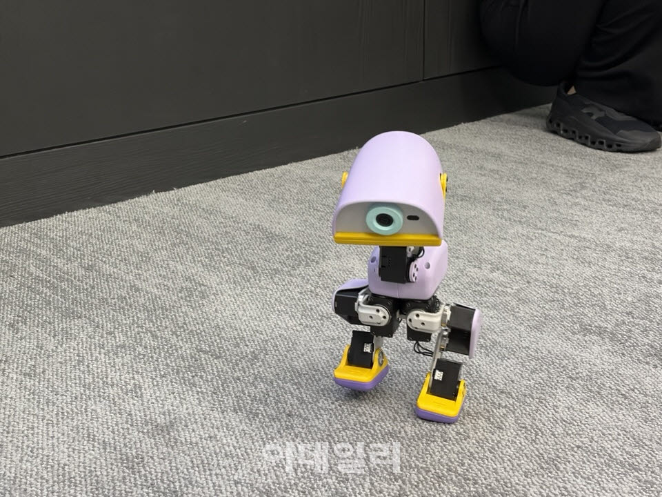 폴렌로보틱스의 이족보행 로봇 ‘마이크로덕’이 26일 로보티즈 본사에서 걷는 동작을 선보이고 있다. (사진=신영빈 기자)