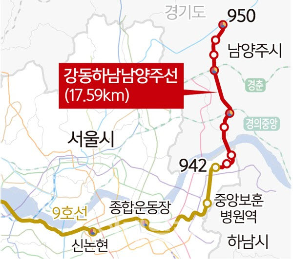 9호선 남양주 연장선(강동하남남양주선) 노선도.(지도=국토교통부)