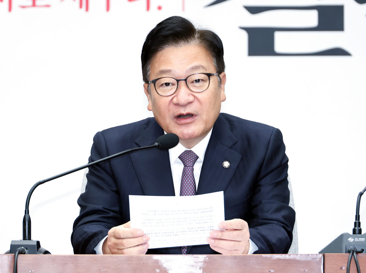 정점식 국민의힘 원내대표가 27일 국회에서 열린 국정감사대책회의에서 발언하고 있다. (사진=연합뉴스)