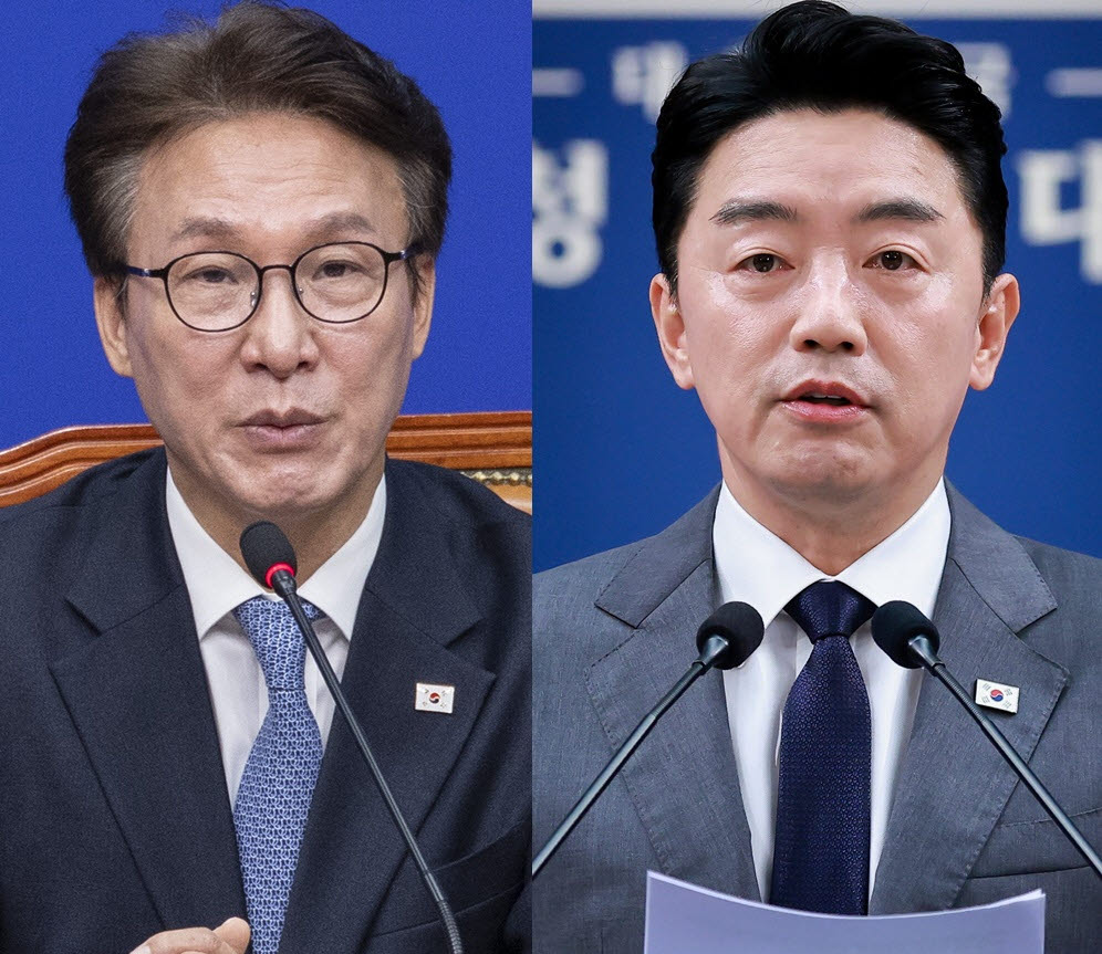 김민석 더불어민주당 대표(왼쪽), 강훈식 전 대통령 비서실장.(사진=연합뉴스)