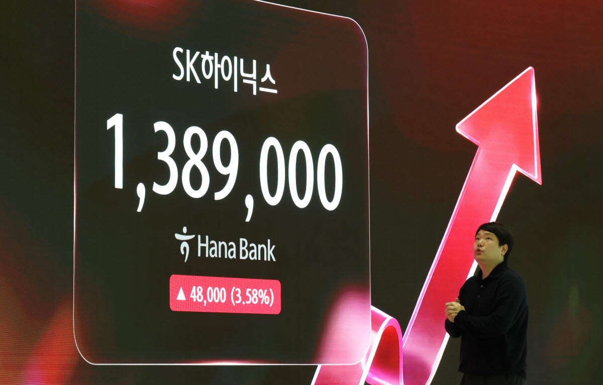 추가 주주환원책 발표한 SK하이닉스 '주가는 오름세' (서울=연합뉴스) 김주형 기자 = 코스피 지수가 장 초반 2% 안팎의 강세로 출발한 28일 서울 중구 하나은행 본점 딜링룸에 SK하이닉스 실시간 주가가 표시돼 있다. 역대급 실적을 낸 SK하이닉스는 이날 60조원 규모의 추가 주주환원책을 발표했다. 2026.10.28