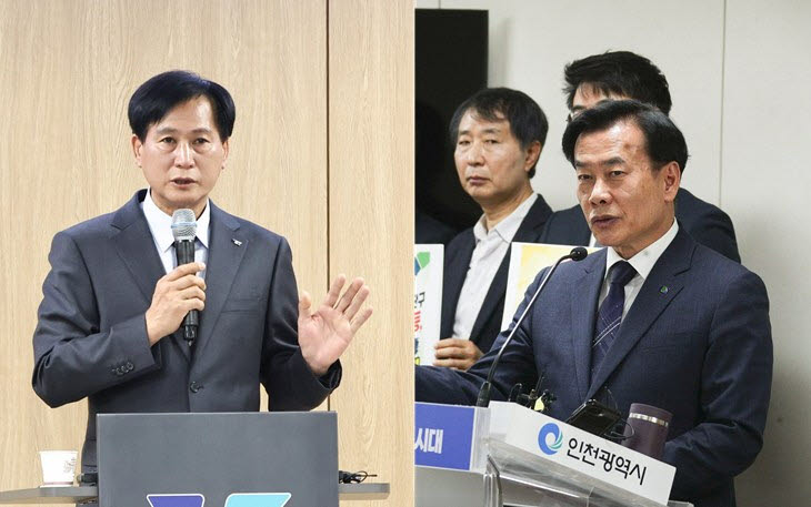 김진규(왼쪽) 검단구청장이 26일 구청에서 기자회견을 열고 서해구의 정산 오류를 비판하는 모습과 구재용 서해구청장이 27일 인천시청에서 분쟁 조정 신청 기자회견을 하는 모습.
