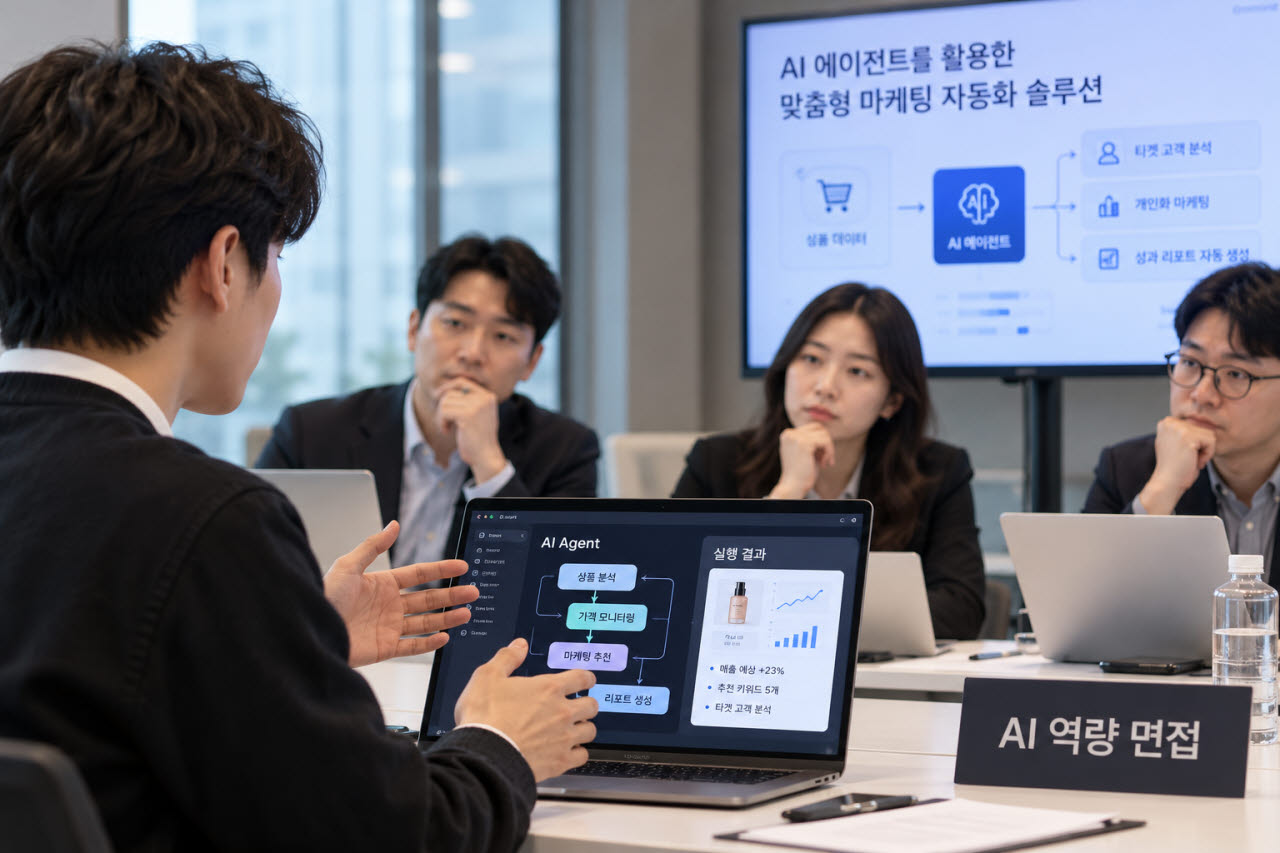 AI 활용 역량이 유통업계의 새로운 채용 경쟁력으로 떠오르고 있다. 구직자가 채용 면접에서 직접 개발한 AI 에이전트 기반 업무 자동화 솔루션을 시연하는 모습. (사진=챗GPT)