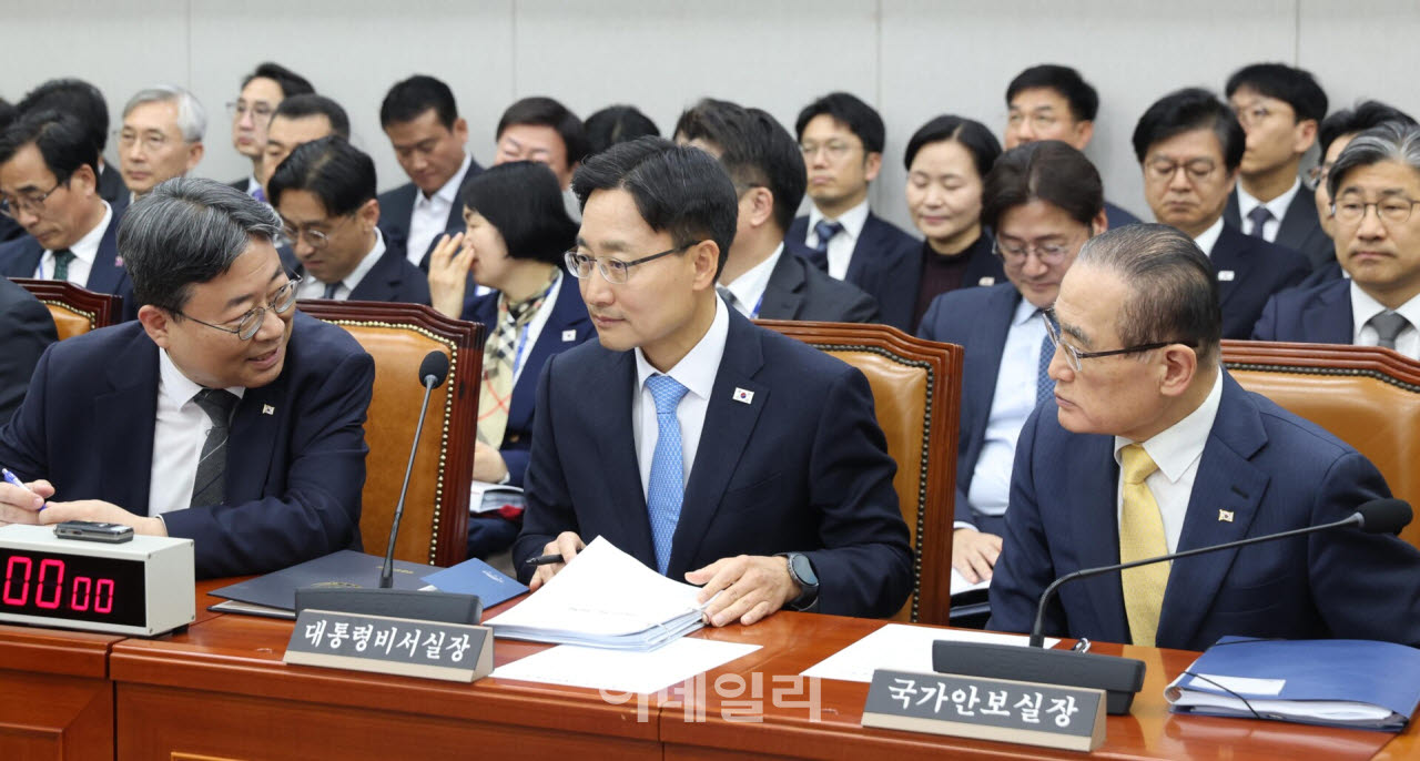 [포토]국정감사, '대화하는 하준경-임광현-위성락'