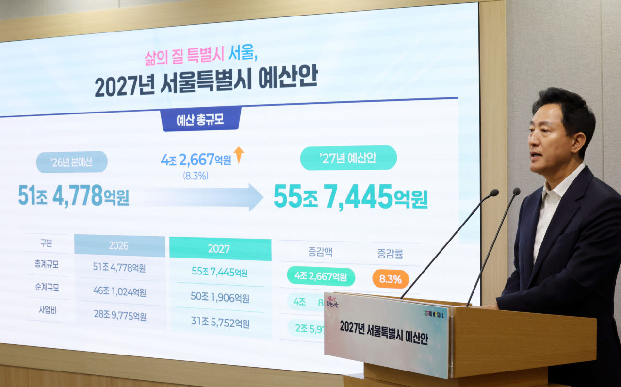 오세훈 서울시장이 29일 서울 중구 서울시청 브리핑룸에서 2027년 예산안 기자설명회를 하고 있다.(사진=뉴시스)